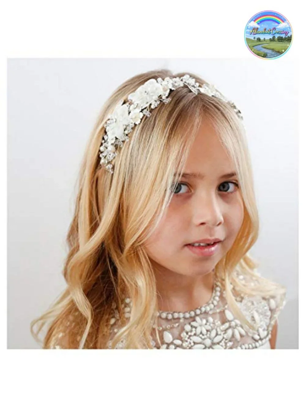 Ivory Tulle Flower Pearl Headband for Girls Wedding Birthday Party